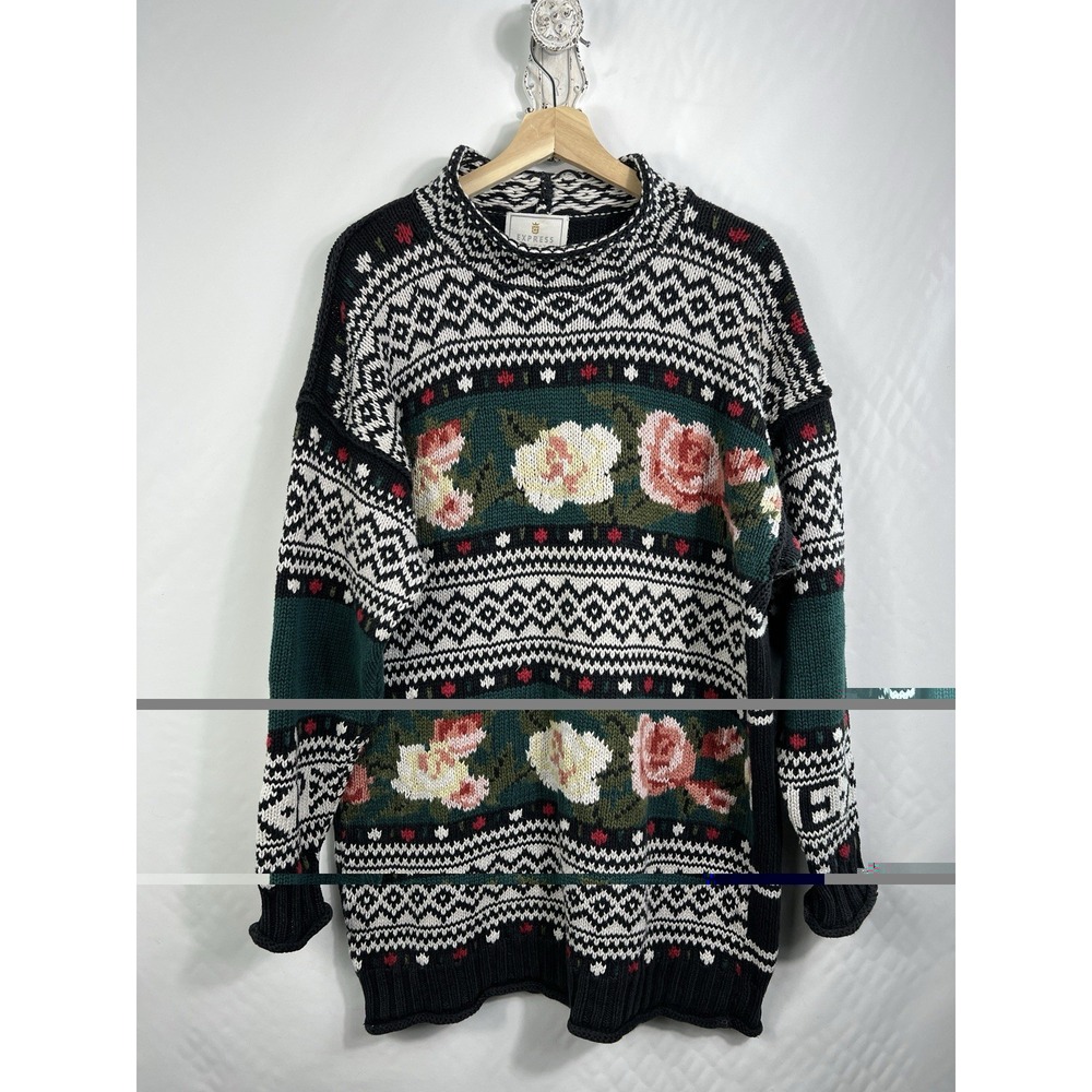 Express Tricot Sweater Womens L Black Floral‎ Fair Isle VTG 90s Oversized Knit